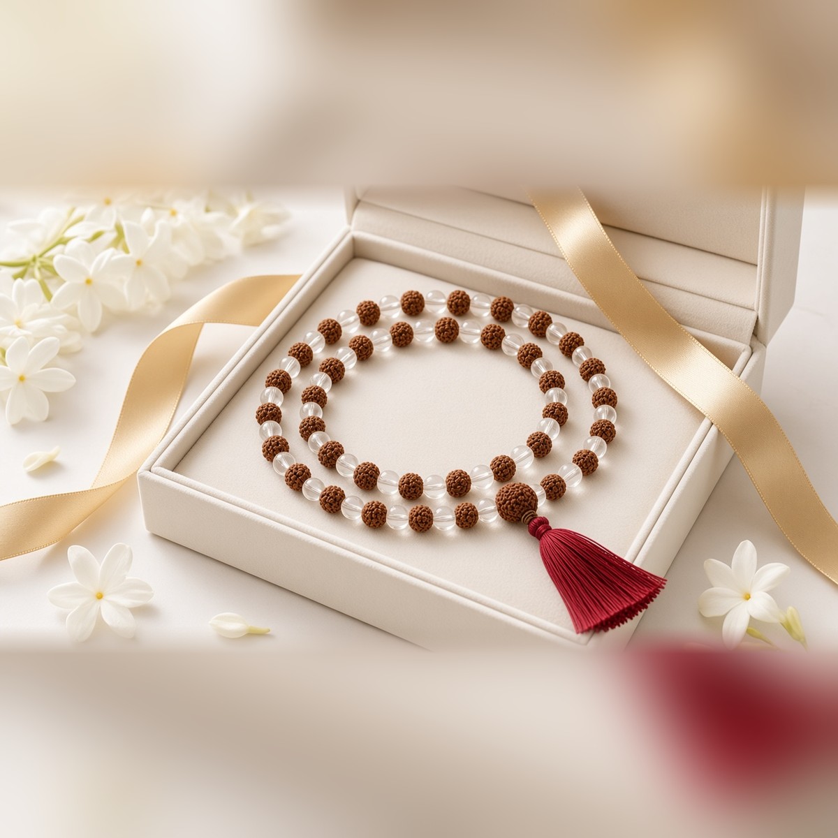 Rudraksha & Sphatik Mala with red tassel in a premium Manka gift box