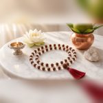 Manka Rudraksha & Sphatik Mala on a puja altar with a lit diya and fresh flowers