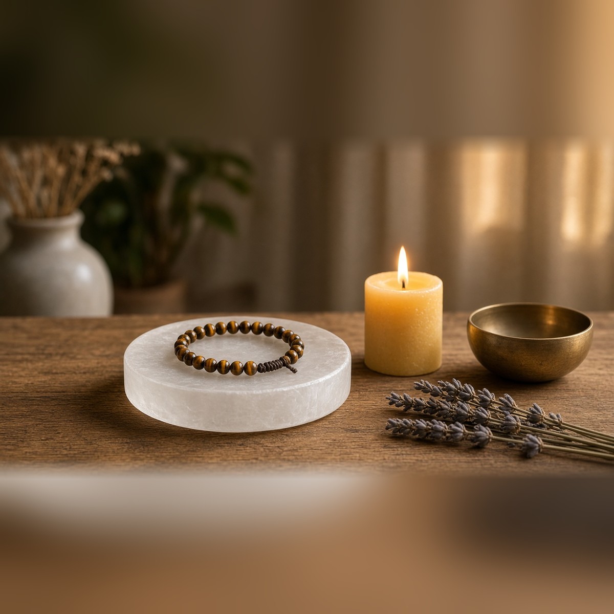 Selenite plate on a meditation altar with candle and singing bowl