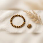 Tiger eye bracelet flat lay with raw tiger eye stone on linen