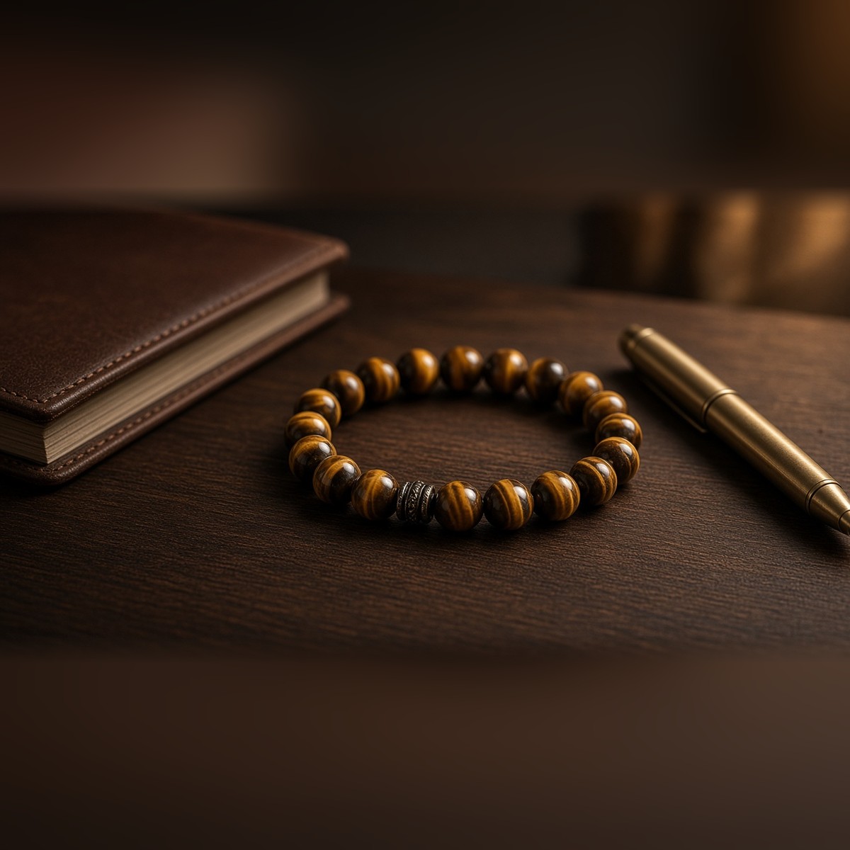 Tiger eye bracelet on a wooden work desk